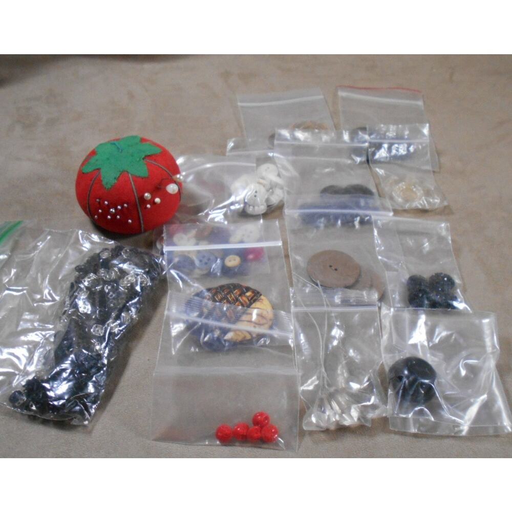 Vintage Sewing Lot: Tomato Pin Cushion, Buttons, Snaps, & Pins
